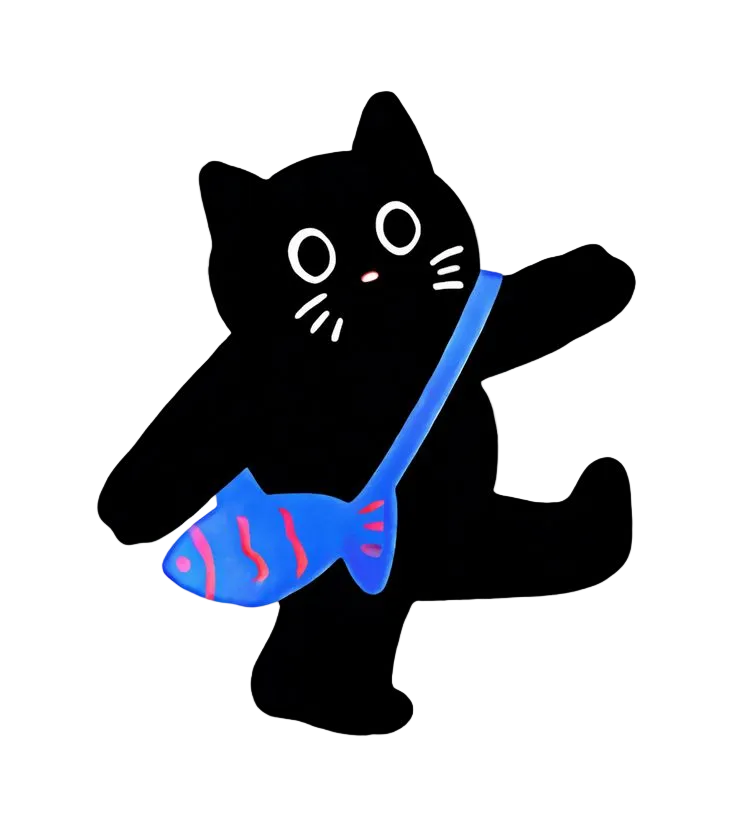 Black cat with a blue fish bag on a white background